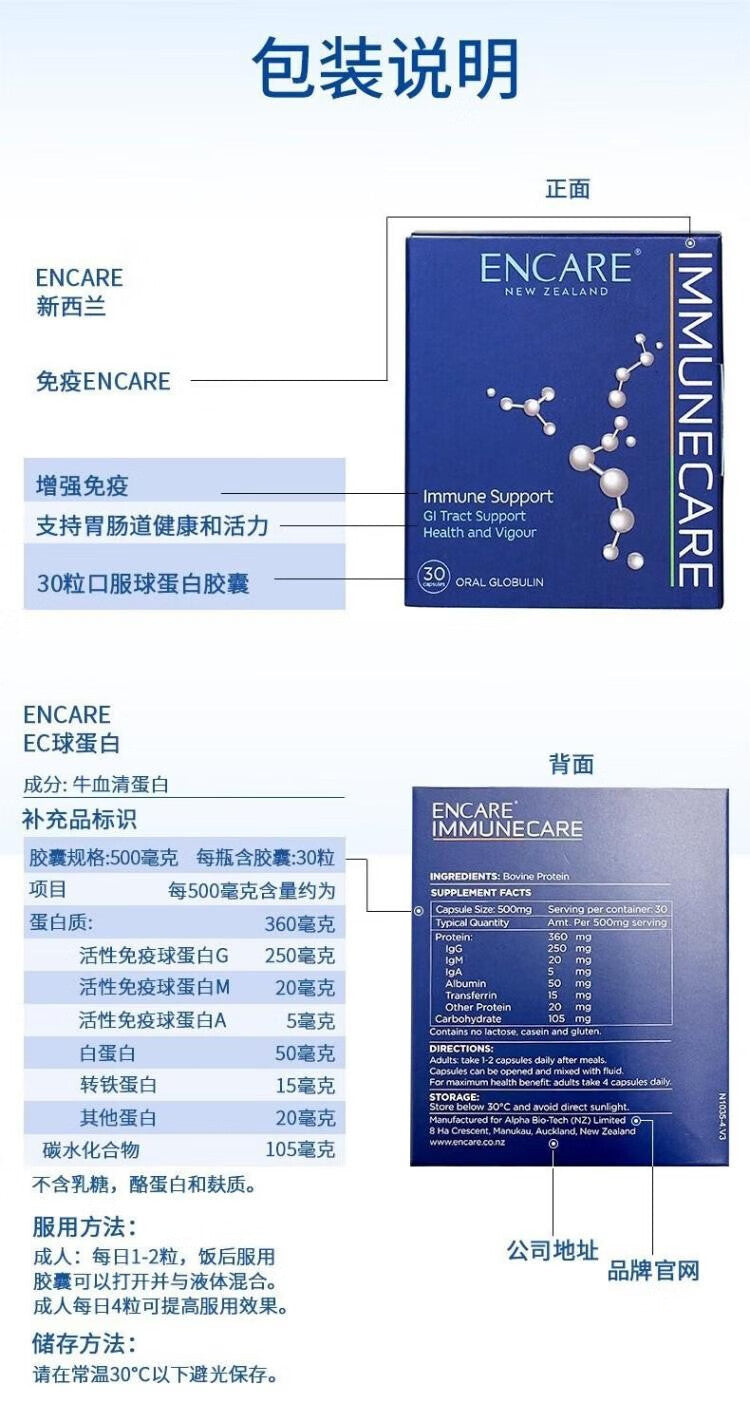 New Zealand ENCARE oral active ear bovine immune globulin pills 30 capsules support intestinal health