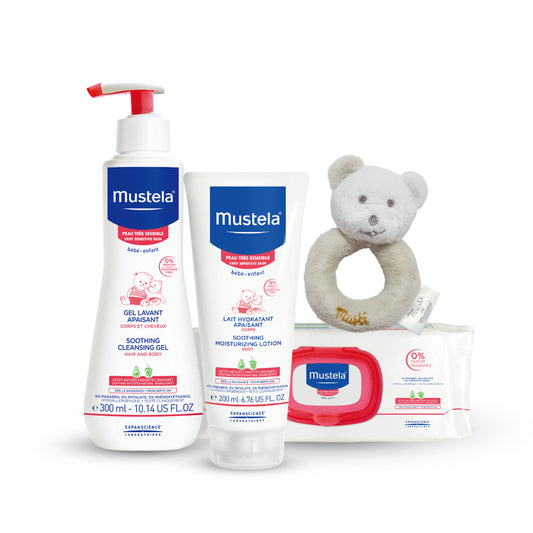 Mustela fragrance-free skin care gift box for personal use super cost-effective soothing shower gel 300ml body lotion 200ml wet wipes 50 pieces Musti rattle